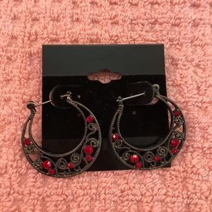 NWT Black dangle earrings with red crystal accents
